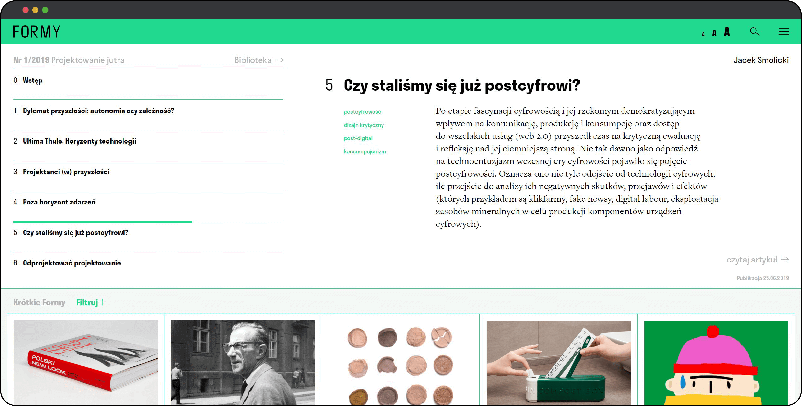 Screenshot ze strony internetowej www.formy.xyz. Widoczny fragment artykułu z pierwszego numeru pisma pt. „Czy staliśmy się już postcyfrowi?