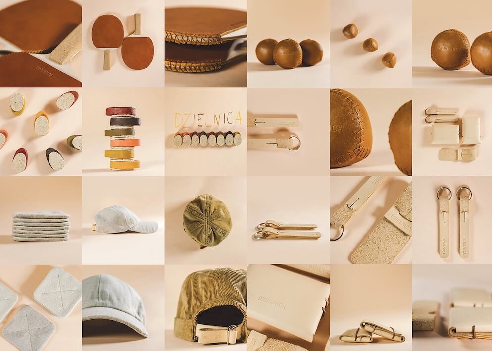 zbiór fotografi przedstawiających elementy projektu: paletki do ping-ponga; skórzane piłki, breloczki i portfele; ręcznie szyte czapki z daszkiem.